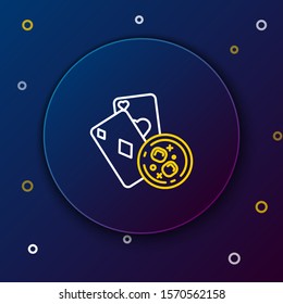 White and yellow line Playing cards and glass of whiskey with ice cubes icon isolated on dark blue background. Casino gambling. Colorful outline concept. Vector Illustration