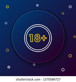 White and yellow line Plus 18 movie icon isolated on dark blue background. Adult content. Under 18 years sign. Colorful outline concept. Vector Illustration