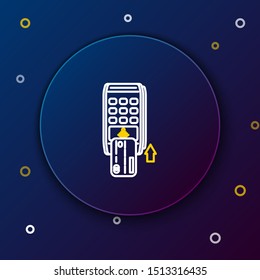 White and yellow line Pos terminal with inserted credit card icon isolated on dark blue background. Payment terminal transaction. Pay by card. Colorful outline concept. Vector Illustration