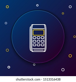 White and yellow line Pos terminal icon isolated on dark blue background. Payment terminal transaction. Pay by card. Colorful outline concept. Vector Illustration