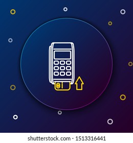 White and yellow line Pos terminal with inserted credit card icon isolated on dark blue background. Payment terminal transaction. Pay by card. Colorful outline concept. Vector Illustration