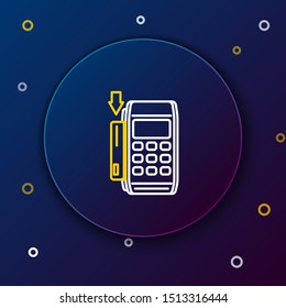 White and yellow line Pos terminal with inserted credit card icon isolated on dark blue background. Payment terminal transaction. Pay by card. Colorful outline concept. Vector Illustration
