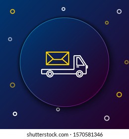 White and yellow line Post truck icon isolated on dark blue background. Mail car. Vehicle truck transport with envelope or letter. Colorful outline concept. Vector Illustration