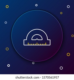 White and yellow line Protractor grid for measuring degrees icon isolated on dark blue background. Tilt angle meter. Measuring tool. Geometric symbol. Colorful outline concept. Vector Illustration
