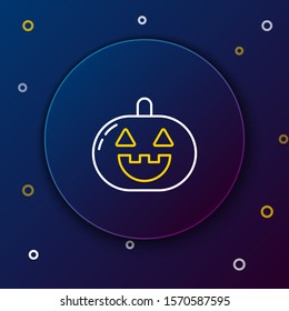 White and yellow line Pumpkin icon isolated on dark blue background. Happy Halloween party. Colorful outline concept. Vector Illustration