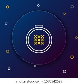 White and yellow line Round adjustable embroidery hoop icon isolated on dark blue background. Thread and needle for embroidery. Colorful outline concept. Vector Illustration