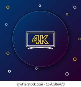 White and yellow line Screen tv with 4k Ultra HD video technology icon isolated on dark blue background. Colorful outline concept. Vector Illustration