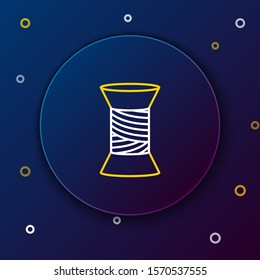 White and yellow line Sewing thread on spool icon isolated on dark blue background. Yarn spool. Thread bobbin. Colorful outline concept. Vector Illustration