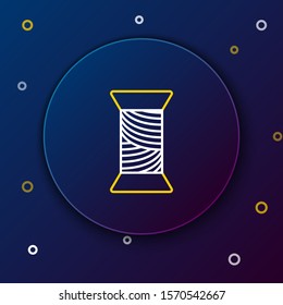 White and yellow line Sewing thread on spool icon isolated on dark blue background. Yarn spool. Thread bobbin. Colorful outline concept. Vector Illustration