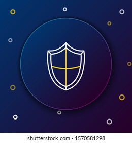 White and yellow line Shield icon isolated on dark blue background. Guard sign. Security, safety, protection, privacy concept. Colorful outline concept. Vector Illustration