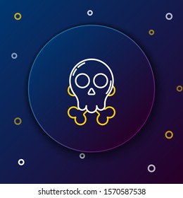 White and yellow line Skull on crossbones icon isolated on dark blue background. Happy Halloween party. Colorful outline concept. Vector Illustration