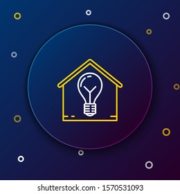 White and yellow line Smart house and light bulb icon isolated on dark blue background. Colorful outline concept. Vector Illustration