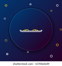 White and yellow line Snowboard icon isolated on dark blue background. Snowboarding board icon. Extreme sport. Sport equipment. Colorful outline concept. Vector Illustration