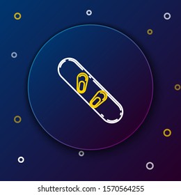 White and yellow line Snowboard icon isolated on dark blue background. Snowboarding board icon. Extreme sport. Sport equipment. Colorful outline concept. Vector Illustration