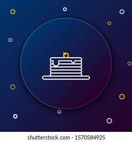 White and yellow line Stack of pancakes icon isolated on dark blue background. Baking with syrup and cherry. Breakfast concept. Colorful outline concept. Vector Illustration