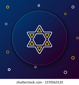 White and yellow line Star of David icon isolated on dark blue background. Jewish religion symbol. Symbol of Israel. Colorful outline concept. Vector Illustration