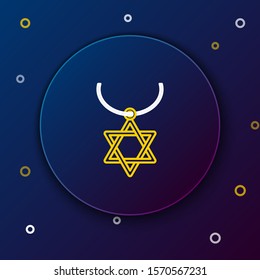 White and yellow line Star of David necklace on chain icon isolated on dark blue background. Jewish religion symbol. Symbol of Israel. Jewellery and accessory. Colorful outline concept. Vector