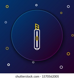 White and yellow line Stationery knife icon isolated on dark blue background. Office paper cutter. Colorful outline concept. Vector Illustration