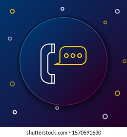 White and yellow line Telephone with speech bubble chat icon isolated on dark blue background. Support customer service, hotline, call center, faq, maintenance. Colorful outline concept. Vector