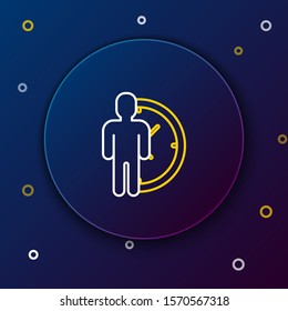 White and yellow line Time Management icon isolated on dark blue background. Clock and gear sign. Productivity symbol. Colorful outline concept. Vector Illustration
