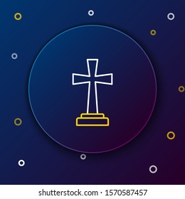 White and yellow line Tombstone with cross icon isolated on dark blue background. Grave icon. Colorful outline concept. Vector Illustration