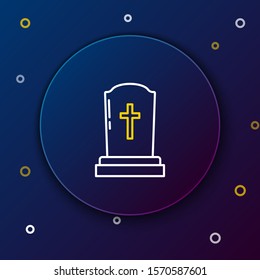 White and yellow line Tombstone with cross icon isolated on dark blue background. Grave icon. Colorful outline concept. Vector Illustration