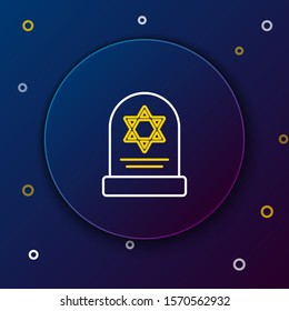 White and yellow line Tombstone with star of david icon isolated on dark blue background. Jewish grave stone. Gravestone icon. Colorful outline concept. Vector Illustration