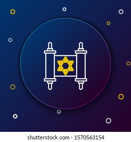 White and yellow line Torah scroll icon isolated on dark blue background. Jewish Torah in expanded form. Star of David symbol. Old parchment scroll. Colorful outline concept. Vector Illustration