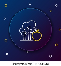 White and yellow line Tree with apple icon isolated on dark blue background. Agricultural plant. Organic farm product. Gardening theme. Colorful outline concept. Vector Illustration
