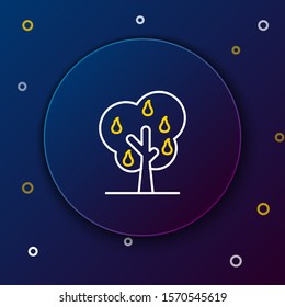 White and yellow line Tree with pears icon isolated on dark blue background. Agricultural plant. Organic farm product. Gardening theme. Colorful outline concept. Vector Illustration