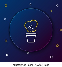 White and yellow line Tree in pot icon isolated on dark blue background. Houseplant in pots. Natural decor for home and interior. Potted plant sign. Colorful outline concept. Vector Illustration