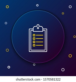 White and yellow line Verification of delivery list clipboard icon isolated on dark blue background. Colorful outline concept. Vector Illustration