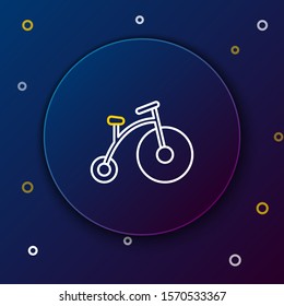 White and yellow line Vintage bicycle with one big wheel and one small icon isolated on dark blue background. Bike public transportation sign. Colorful outline concept. Vector Illustration