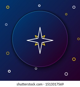 White and yellow line Wind rose icon isolated on dark blue background. Compass icon for travel. Navigation design. Colorful outline concept. Vector Illustration