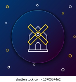 White and yellow line Windmill icon isolated on dark blue background. Colorful outline concept. Vector Illustration