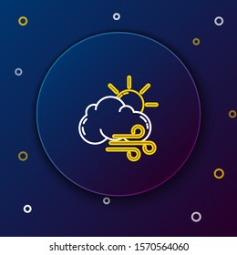 White and yellow line Windy weather icon isolated on dark blue background. Sun with cloud and wind. Colorful outline concept. Vector Illustration