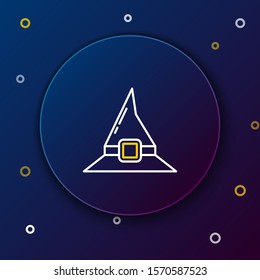 White and yellow line Witch hat icon isolated on dark blue background. Happy Halloween party. Colorful outline concept. Vector Illustration