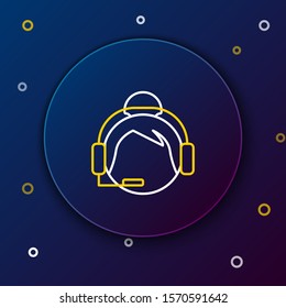 White and yellow line Woman with a headset icon isolated on dark blue background. Support operator in touch. Concept for call center, client support service. Colorful outline concept. Vector