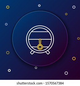 White and yellow line Wooden barrel on rack with stopcock icon isolated on dark blue background. Colorful outline concept. Vector Illustration