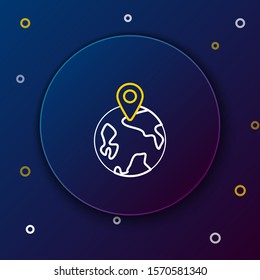 White and yellow line Worldwide icon isolated on dark blue background. Pin on globe. Colorful outline concept. Vector Illustration