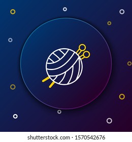 White and yellow line Yarn ball with knitting needles icon isolated on dark blue background. Label for hand made, knitting or tailor shop. Colorful outline concept. Vector Illustration