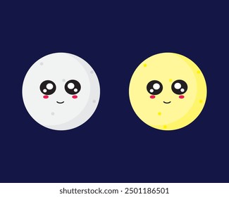 White and yellow moon at night with a smile expression. Atmosphere, cartoon, climate, cloudscape, graphic, illustration, meteorology, nature, vector and weather.