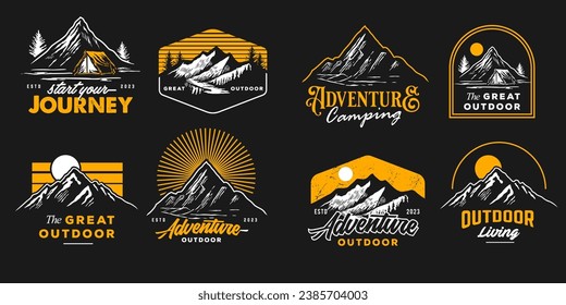 white and yellow mountain adventure hipster badges on black background. Vintage Outdoor mountains Summer Camp Logo Patches. vector emblem designs. Great for shirts, stamps, stickers logos and labels