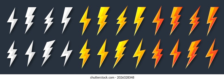 White, yellow and orange lightning bolt icons collection. Flash symbol, thunderbolt. Simple lightning strike sign. Vector illustration.