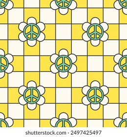 White and yellow pacific hippie flowers on checkered background. Vector seamless pattern.