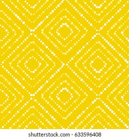 White and yellow paint dot setter concept summer seamless pattern. Modern dynamic repeatable motif in summer sunny color. Vector illustration for surface design, fabric, wrapping paper, background.