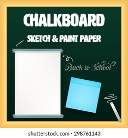 white and yellow papers with transparent tape and note pad on black board with chalk vector