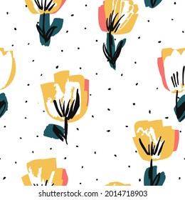 White and Yellow Peony Marker Vector Seamless Pattern. Rose Fabric Paper Texture. Pretty Drawing Illustration. Blossom Decorative Template.