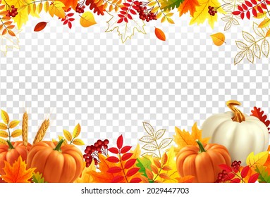 White and yellow pumpkins, orange leaves on transparent background. Autumn festival invitation. Border from autumn leaves and pumpkins. Postcard or banner. 3d realistic vector illustration.