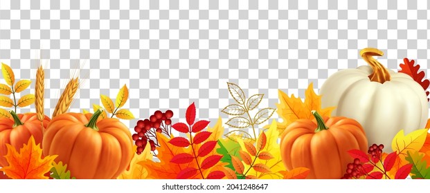 White and yellow pumpkins, orange leaves on transparent background. Autumn festival invitation. Border from autumn leaves and pumpkins. Postcard or banner. 3d realistic vector illustration.